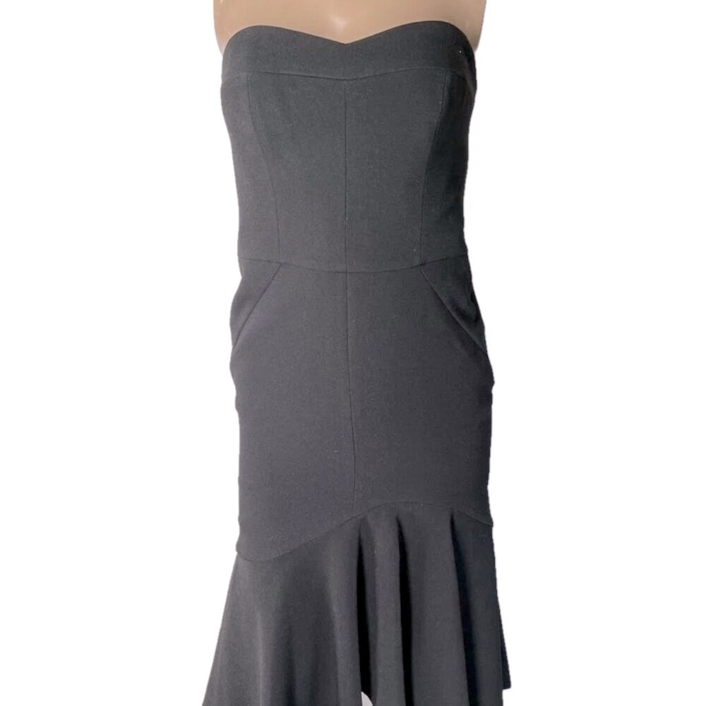 NEW HALSTON HERITAGE Strapless Fit & Flare Dress Black Midi Flounce Size 0
